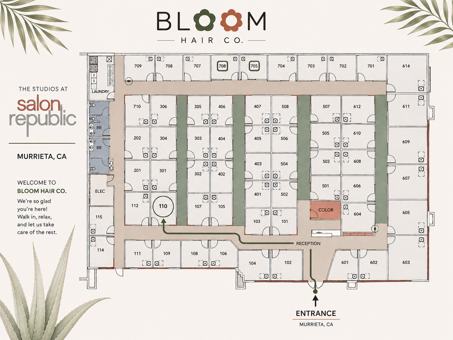 Salon Republic Murrieta floor plan showing the route from the entrance to Studio 110, home of BLOOM Hair Co.